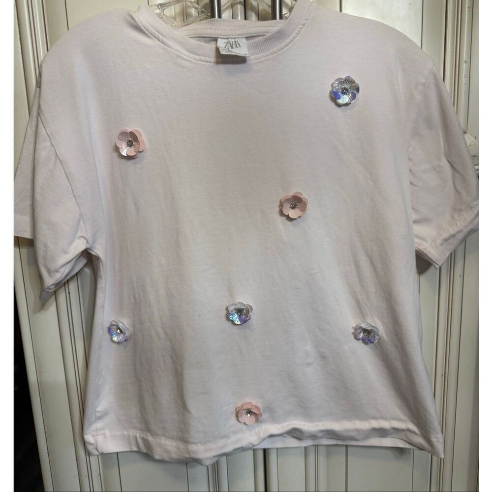 ZARA Girls' Embellished Floral Crew Neck Short Sleeve T-Shirt Pink Size 11-12
